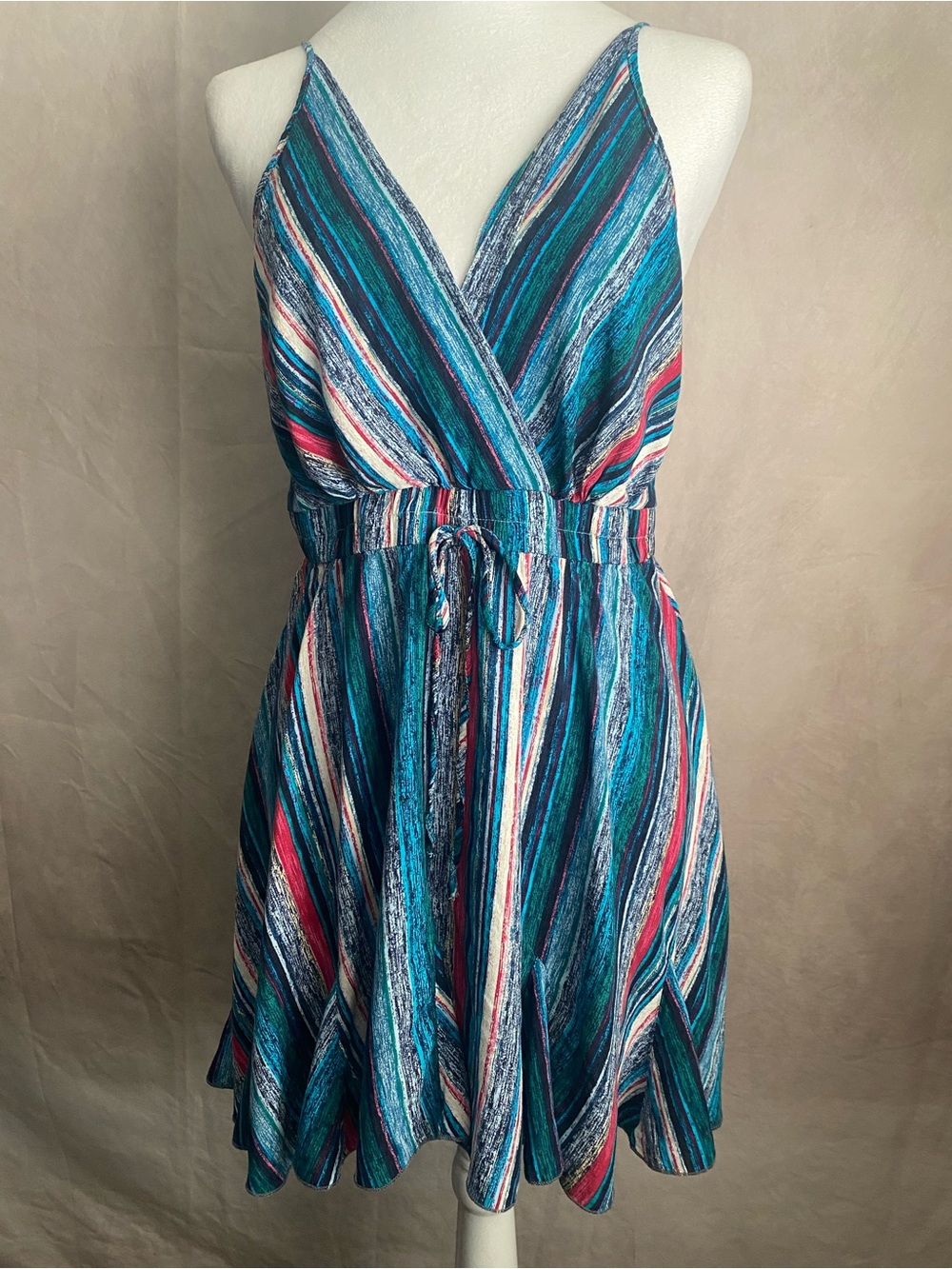 Suvimuga Teal Pink Striped V-Neck Mini Dress Sun Dress